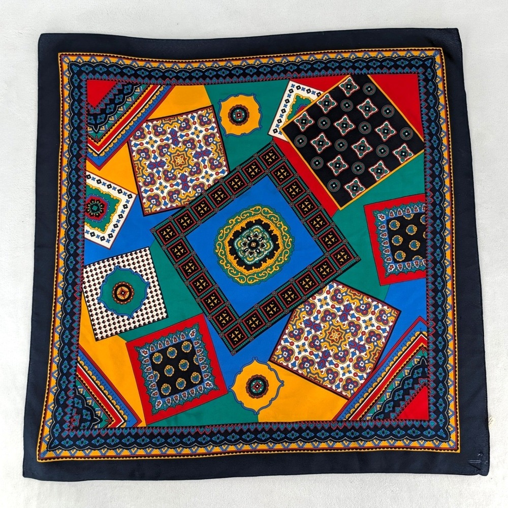 Vintage Silk Scarf Geometric Patchwork Paisley Navy Border 30x30
